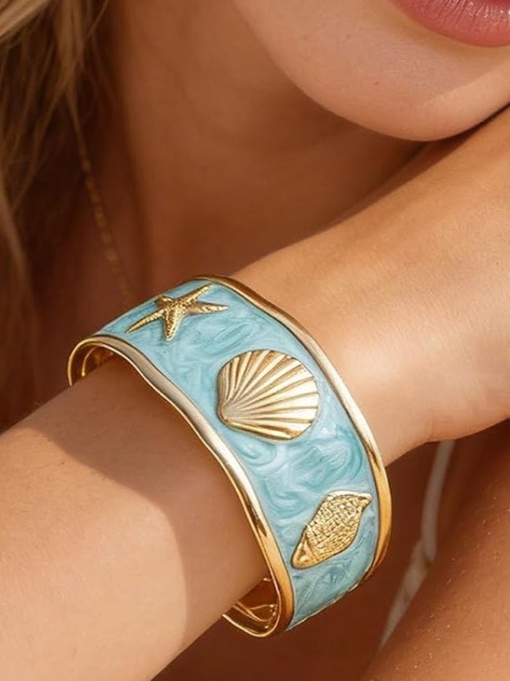 Anthropologie Gold-Tone Aqua Blue Seashell Cuff Bracelet